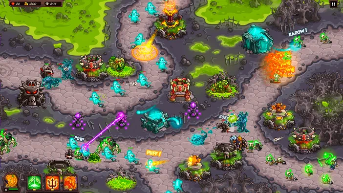 Capture d'écran du jeu Kingdom Rush Vengeance montrant une carte de stratégie avec des tours et des ennemis sur un chemin sinueux.