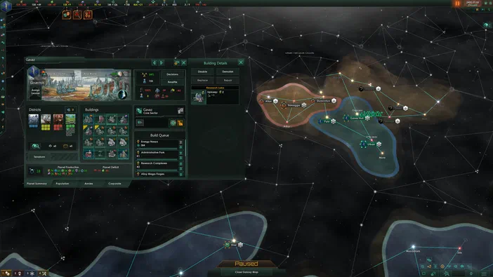 Capture d'écran du jeu de stratégie Stellaris montrant une carte spatiale avec des colonies et un menu de construction.