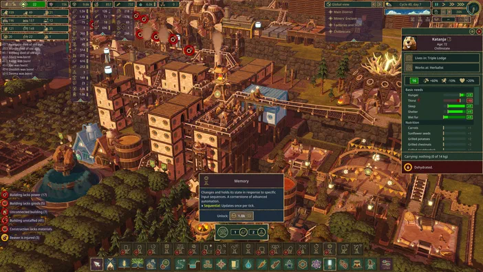 Capture d'écran du jeu de stratégie Timberborn montrant une cité industrielle avec des bâtiments en bois et métal entourés de forêts.
