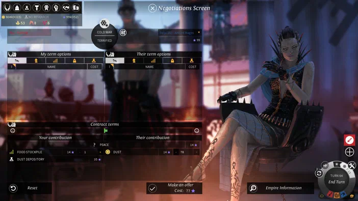 Capture d'écran du jeu de stratégie ENDLESS Legend™ montrant l'interface de négociation avec une femme assise à droite.