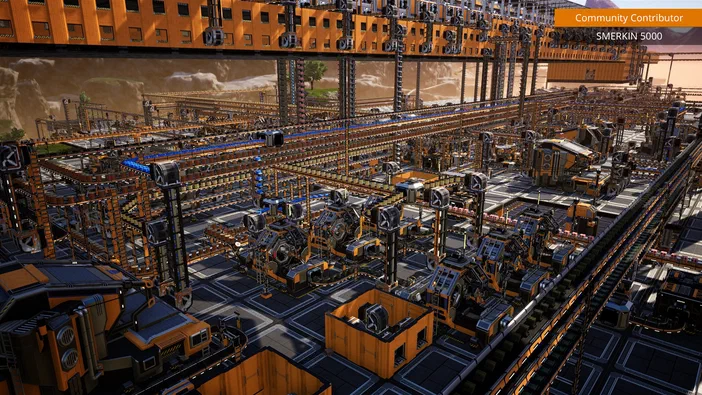 Capture d'écran du jeu vidéo Satisfactory montrant une usine automatisée complexe avec des convoyeurs et machines jaunes dans un environnement désertique.
