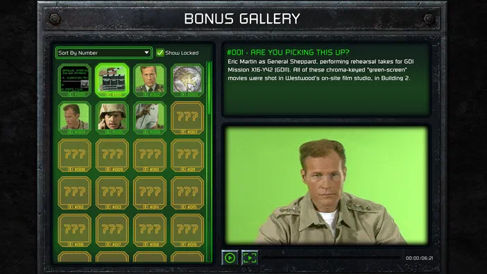 Capture d'écran de la galerie bonus du jeu Command & Conquer Remastered Collection montrant une vidéo avec un personnage en arrière-plan vert.