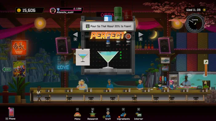 Capture d'écran du jeu vidéo Dave the Diver montrant une interface de bar avec un cocktail parfait et des clients.