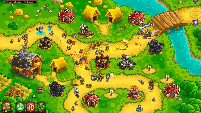 Capture d'écran du jeu de stratégie Kingdom Rush Vengeance montrant une carte avec des tours défensives et des unités en combat sur un terrain verdoyant.