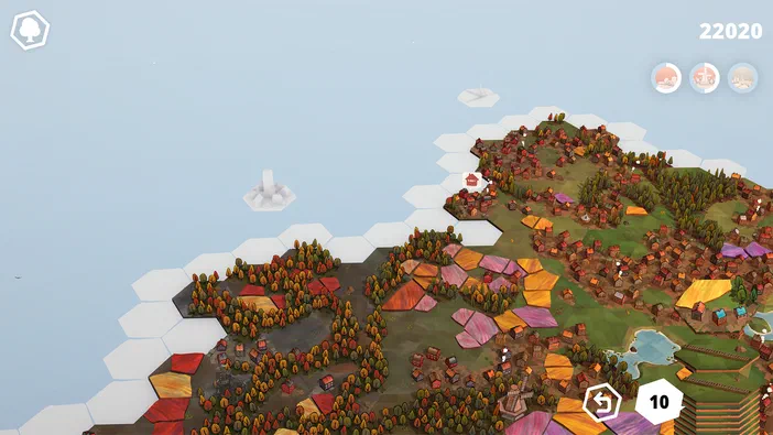 Capture d'écran du jeu vidéo Dorfromantik montrant une carte hexagonale avec des maisons colorées et de la végétation.