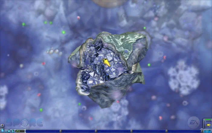 Dans le jeu vidéo Spore, une créature jaune se trouve au centre d'une île flottante entourée de particules colorées dans un environnement bleu.