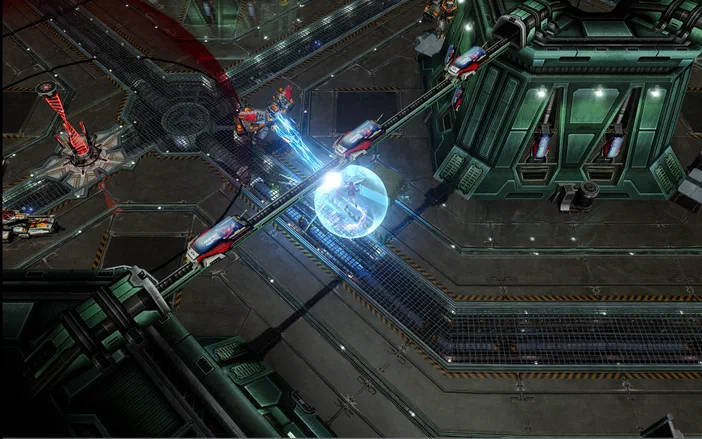 Capture d'écran de Command & Conquer Red Alert 3 Uprising montrant une base militaire avec des véhicules et un globe lumineux.