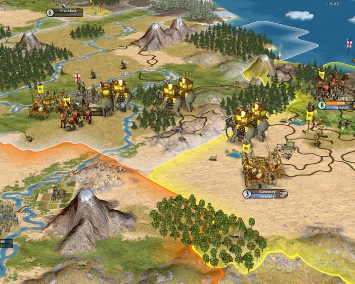 Capture d'écran du jeu Sid Meier's Civilization IV montrant une carte de stratégie avec des unités et des villes.