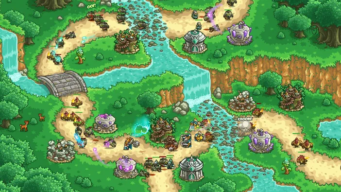 Capture d'écran du jeu Kingdom Rush Origins montrant une carte de stratégie avec des unités et des tours sur un paysage verdoyant traversé par une rivière.