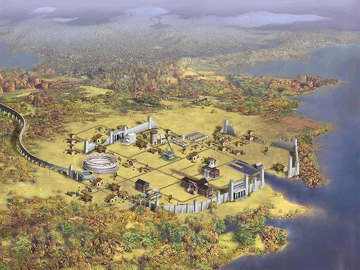 Capture d'écran de Sid Meier's Civilization III montrant une cité-état avec des bâtiments et un amphithéâtre dans un paysage vallonné.
