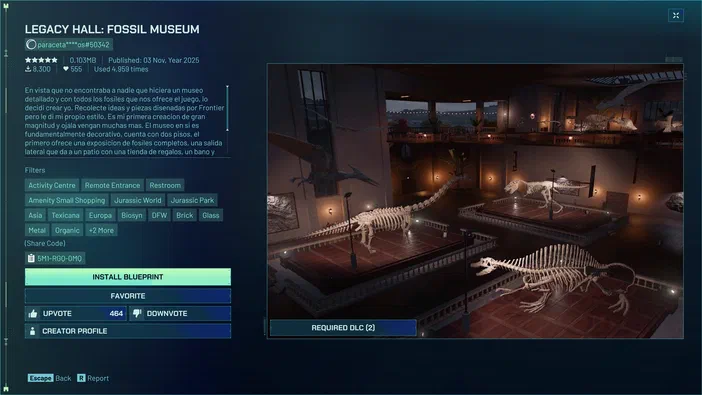 Écran de présentation du plan 'Legacy Hall: Fossil Museum' dans le jeu Jurassic World Evolution, montrant des squelettes d'animaux préhistoriques en exposition.