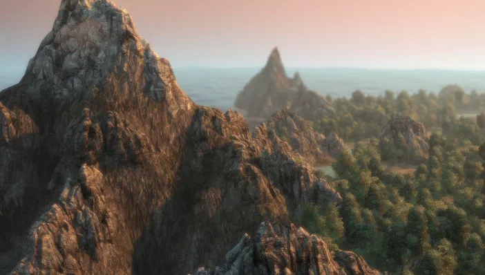 Capture d'écran du jeu vidéo Anno 2070 montrant des montagnes rocheuses et une forêt sous un ciel crépusculaire.