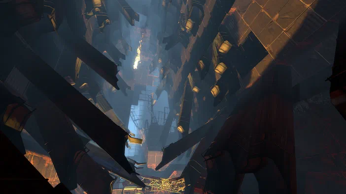 Vue en contre-plongée d'un environnement industriel sombre et complexe dans le jeu Portal 2.