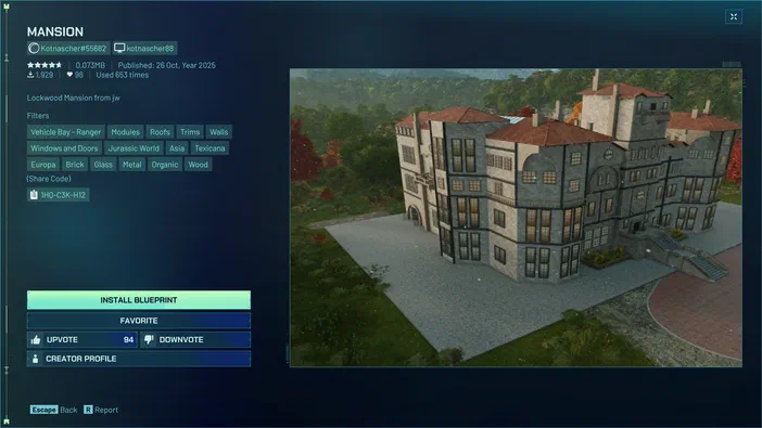 Interface de jeu montrant une grande villa en pierre avec un toit rouge, présentée comme un modèle 'MANSION' dans le jeu Jurassic World Evolution.
