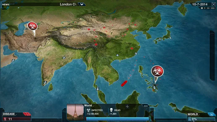 Capture d'écran du jeu vidéo Plague Inc: Evolved montrant une carte mondiale avec des indicateurs de propagation d'une maladie infectieuse.