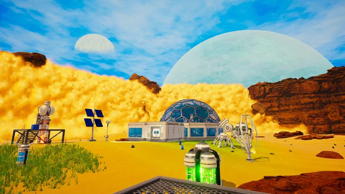 Capture d'écran du jeu The Planet Crafter montrant une base coloniale sur un monde désertique avec deux lunes en arrière-plan.