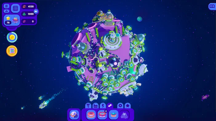 Capture d'écran du jeu vidéo Star Birds montrant une planète violette et verte peuplée de créatures dans l'espace.