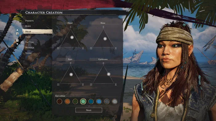 Dans le jeu Windrose, l'écran de création de personnage affiche une femme aux cheveux longs et à la peau brune sur un fond tropical. Un menu permet d'ajuster les traits du visage (tête, nez, oreilles, sourcils) et de choisir la couleur des yeux.