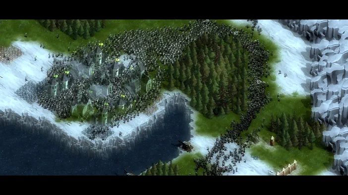 Capture de jeu vidéo They Are Billions montrant une base assiégée par des milliards d'ennemis dans un environnement mixte neige et forêt.