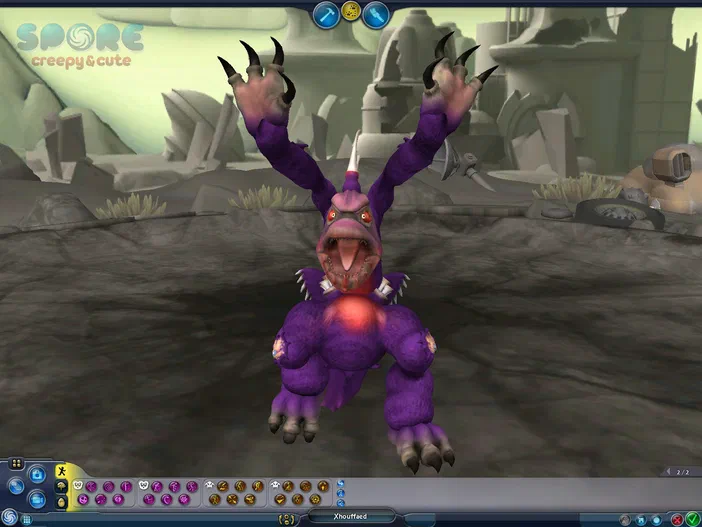 Un monstre violet à deux bras et griffes dans le jeu vidéo Spore