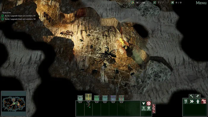 Capture d'écran du jeu vidéo Empires of the Undergrowth montrant une fourmilière souterraine avec des ouvriers et soldats noirs.