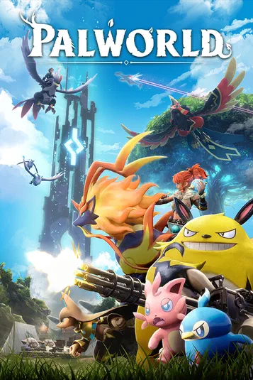 Affiche du jeu Palworld montrant des créatures colorées et un personnage au premier plan avec une tour futuriste en arrière-plan.