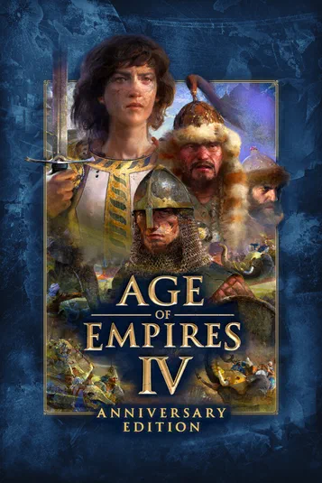Affiche du jeu vidéo Age of Empires IV Anniversary Edition avec des personnages historiques et le titre en lettres dorées sur fond bleu.