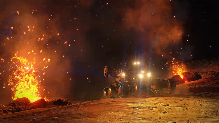 Dans le jeu vidéo Elite Dangerous, un vaisseau spatial aux phares allumés survole une planète en feu émettant des étincelles sous la nuit étoilée.