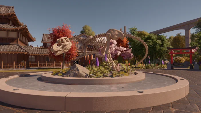 Dans un environnement de jeu vidéo, le squelette d'un dinosaure est exposé au centre d'une plateforme circulaire entourée de bâtiments traditionnels et d'arbres colorés.