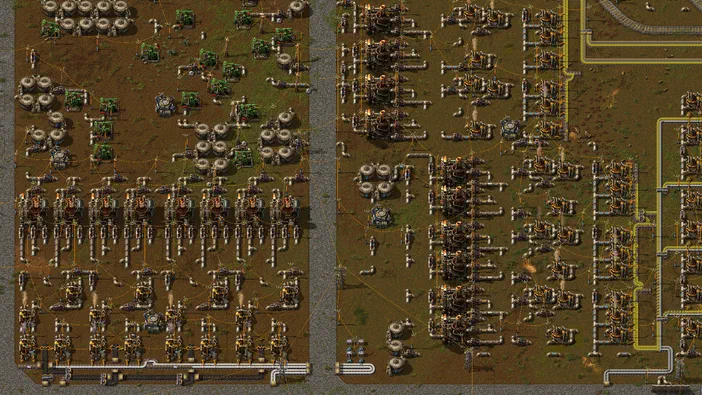 Vue aérienne d'une base industrielle complexe dans le jeu Factorio, remplie de machines et de tuyauteries.