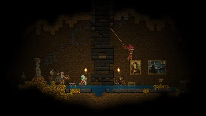 Capture d'écran du jeu vidéo Starbound montrant un personnage accroché à une structure en haut et des personnages au sol dans une base souterraine avec des décorations.