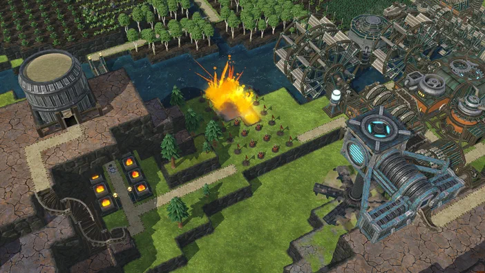 Capture d'écran du jeu vidéo Timberborn montrant une explosion au centre de la carte avec des bâtiments et des arbres autour.