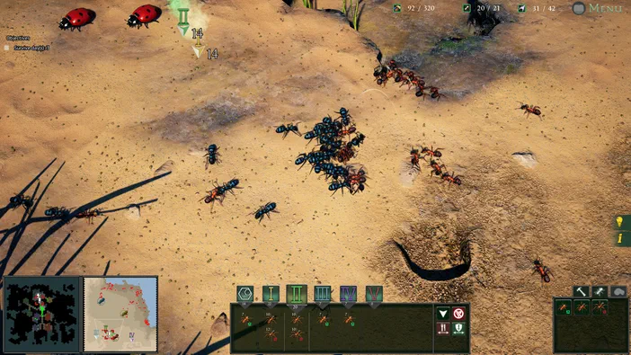Capture d'écran du jeu vidéo Empires of the Undergrowth montrant une scène de combat entre des fourmis et des coccinelles sur un terrain sablonneux.