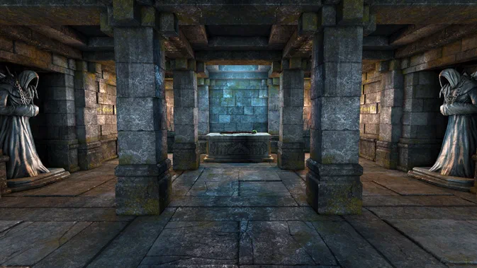 Capture d'écran du jeu vidéo Legend of Grimrock montrant une salle souterraine en pierre avec des statues de grimlocks et un sarcophage au fond.