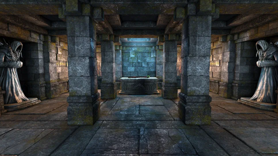 Capture d'écran du jeu vidéo Legend of Grimrock montrant une salle souterraine en pierre avec des statues de grimlocks et un sarcophage au fond.