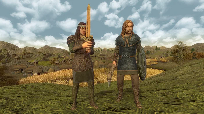 Capture d'écran du jeu Dawn of Man montrant deux personnages en armure primitive tenant une épée et un bouclier sur un terrain herbeux avec des huttes au loin.