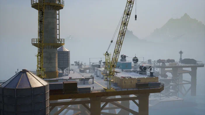 Capture d'écran du jeu Palworld montrant une plateforme industrielle avec des grues et des conteneurs dans un environnement brumeux.