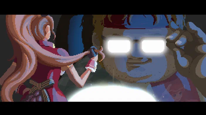 Dans le jeu Dave the Diver, une femme aux longs cheveux bruns se tient de dos face à un personnage masculin au visage bleu et aux yeux blancs brillants.