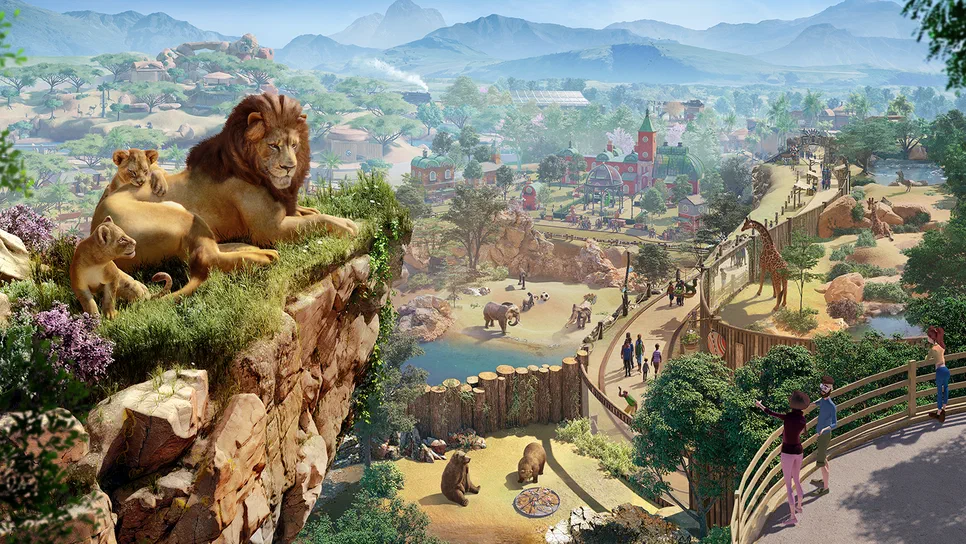 Planet Zoo Vue d'un zoo virtuel dans le jeu Planet Zoo, avec des lions sur un rocher à gauche et divers animaux comme des éléphants et girafes en parcours.