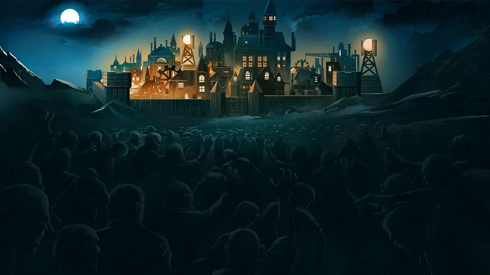 They Are Billions Dans le jeu vidéo They Are Billions, une foule de zombies se dresse devant un camp fortifié illuminé la nuit.