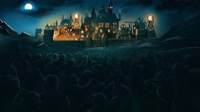 Dans le jeu vidéo They Are Billions, une foule de zombies se dresse devant un camp fortifié illuminé la nuit.