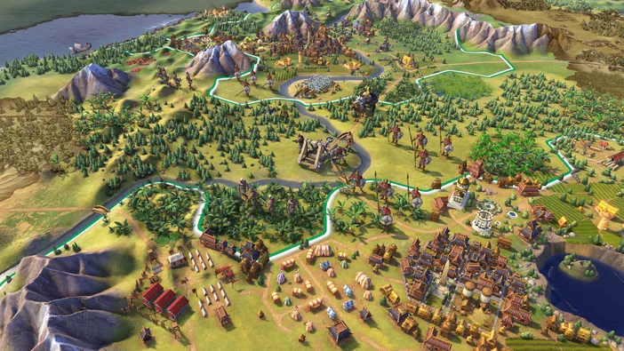 Capture d'écran du jeu Sid Meier's Civilization VI montrant une carte de stratégie avec des unités militaires et des villes en développement.