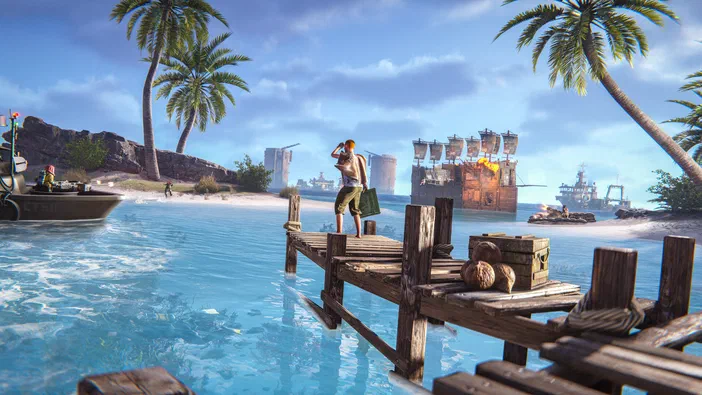 Capture d'écran du jeu Rust montrant un personnage sur une jetée en bois avec des palmiers et des navires au loin.