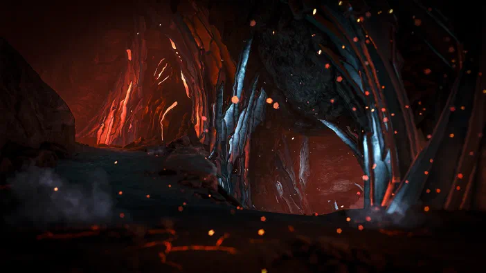 Capture d'écran du jeu vidéo ARK: Survival Evolved montrant un paysage de grotte avec des formations rocheuses illuminées par une lueur rouge et bleue, parsemé de particules flottantes.