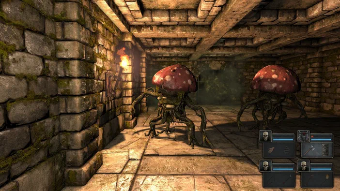 Dans le jeu vidéo Legend of Grimrock, deux créatures ressemblant à des champignons sur pattes se tiennent dans un couloir de pierre sombre.
