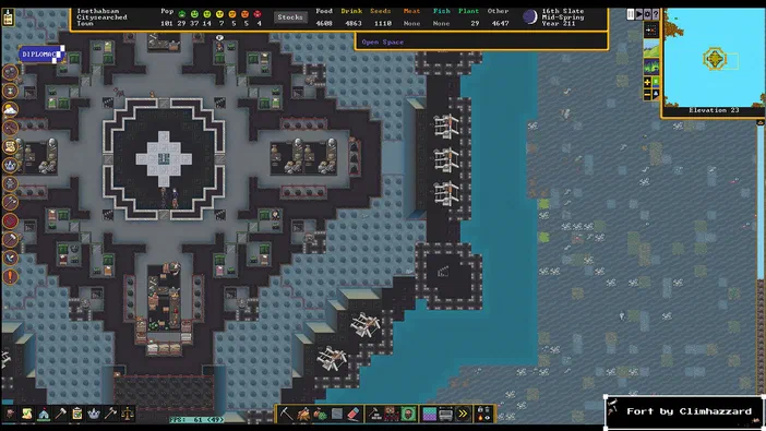 Capture d'écran du jeu vidéo Dwarf Fortress montrant une vue isométrique de la base des nains avec divers bâtiments et structures.