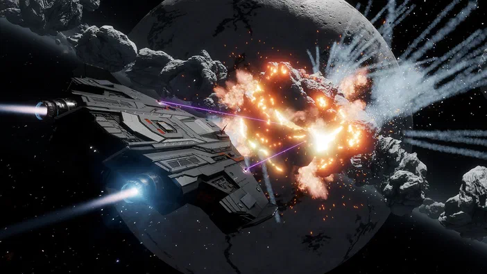 Capture d'écran du jeu Elite Dangerous montrant un vaisseau spatial tirant des lasers violets sur une roche en orbite autour d'une planète.