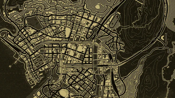 Carte détaillée de la ville fictive d'Los Santos dans le jeu vidéo Grand Theft Auto V Enhanced.
