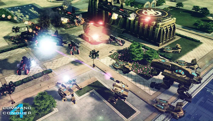 Capture d'écran de Command & Conquer™ 4 Tiberian Twilight montrant une bataille avec des véhicules et structures en feu sur un terrain urbain.