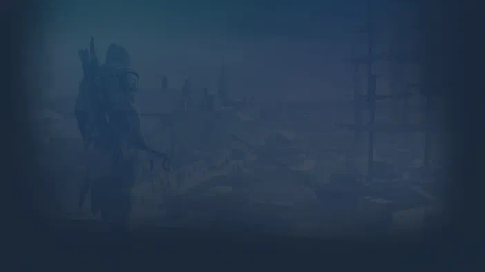 Dans Assassin's Creed III, Connor se tient sur un navire en bois avec une vue panoramique d'une ville côtière brumeuse.